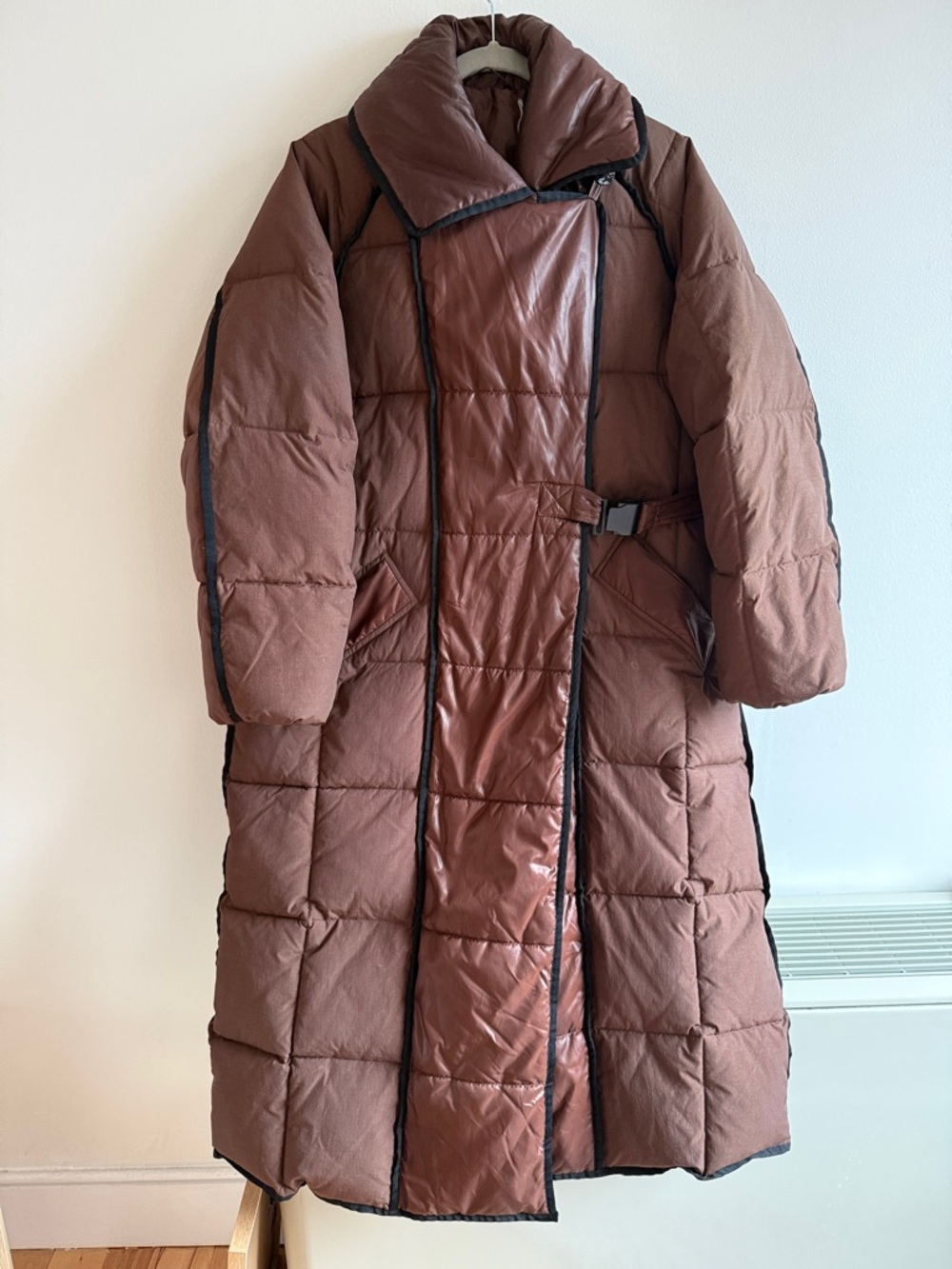 Ganni Chestnut Brown Long Puffer Coat with Belt